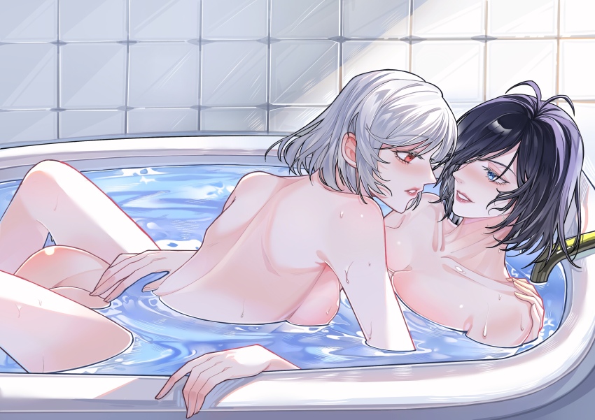 2girls absurdres bath bathtub between_legs blush breasts chinese_commentary collarbone commentary_request completely_nude grey_hair highres indoors large_breasts medium_hair multiple_girls nude original parted_lips partially_submerged purple_hair red_eyes same-sex_bathing shared_bathing shenxun smile tile_wall tiles wet yuri