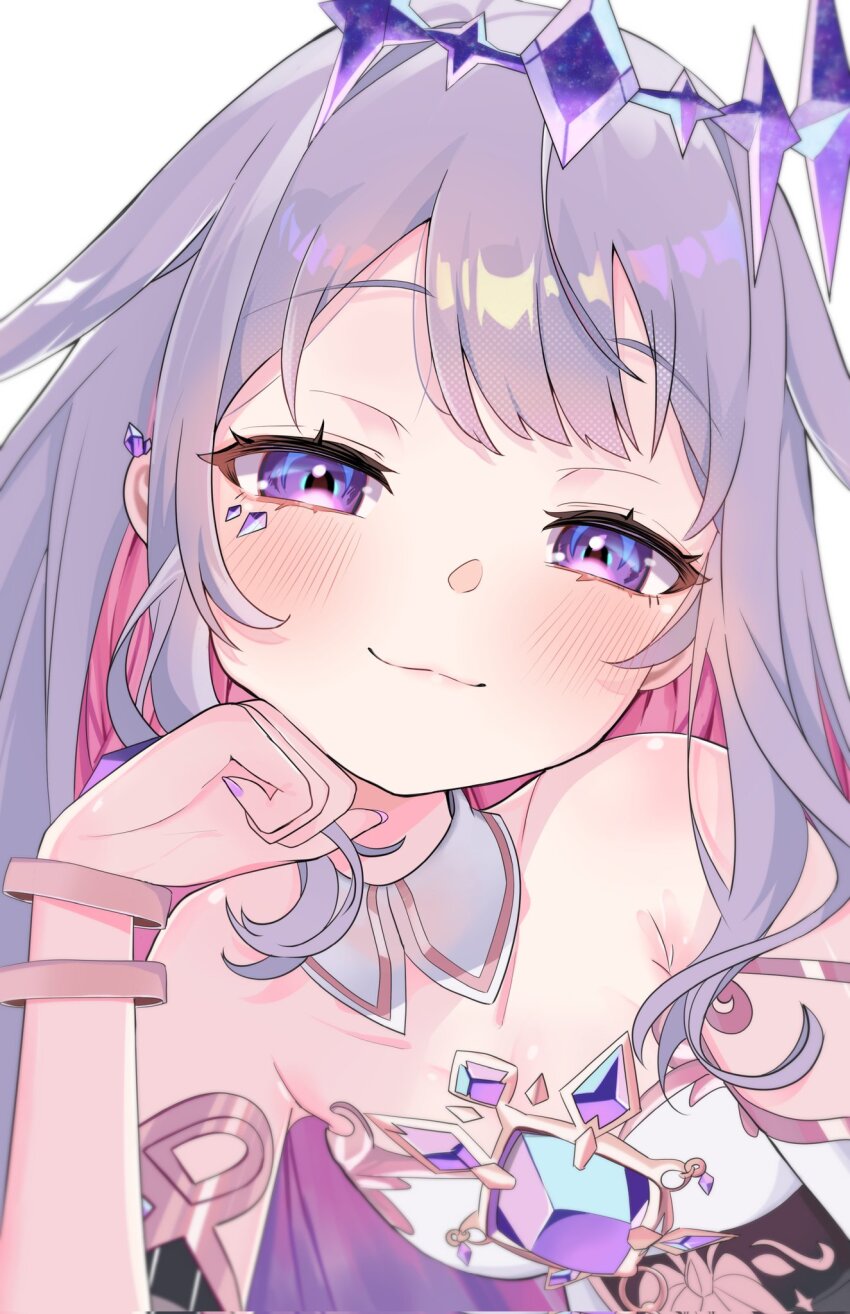 1girl castellayaki chest_jewel gem_hair_ornament hololive hololive_english koseki_bijou koseki_bijou_(1st_costume) looking_at_viewer resting_head_on_hand smug virtual_youtuber