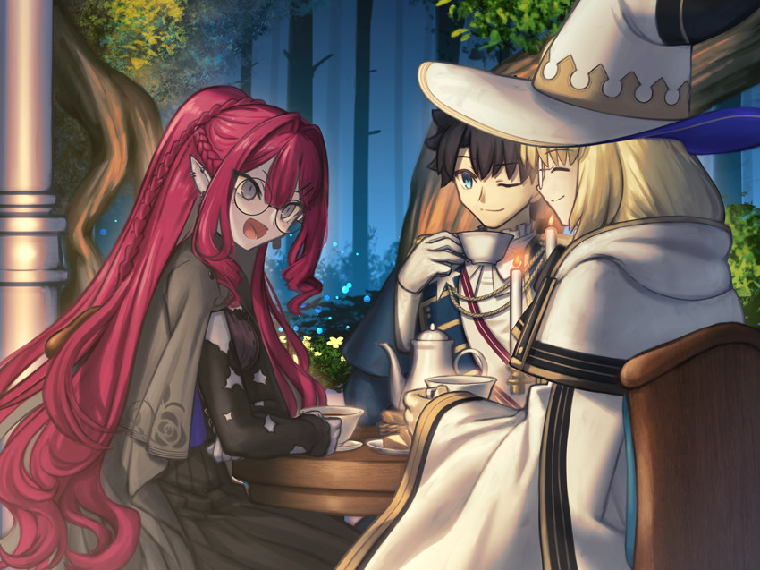 1boy 2girls aesc_(fate) aesc_(rain_witch)_(fate) baobhan_sith_(fate) baobhan_sith_(swimsuit_pretender)_(fate) baobhan_sith_(swimsuit_pretender)_(second_ascension)_(fate) black_hair black_skirt blonde_hair blue_eyes breasts capelet closed_eyes commission cup detached_sleeves ear_piercing fate/grand_order fate_(series) fujimaru_ritsuka_(male) fujimaru_ritsuka_(male)_(halloween_royalty) gloves grey_capelet grey_eyes hat long_hair mother_and_daughter multiple_girls one_eye_closed open_mouth piercing pink_hair pixiv_commission pointy_ears purple_shirt robe round_eyewear shirt shoori_(migiha) short_hair sidelocks sitting skirt smile table tea_set teacup white_gloves white_robe wide_sleeves witch_hat