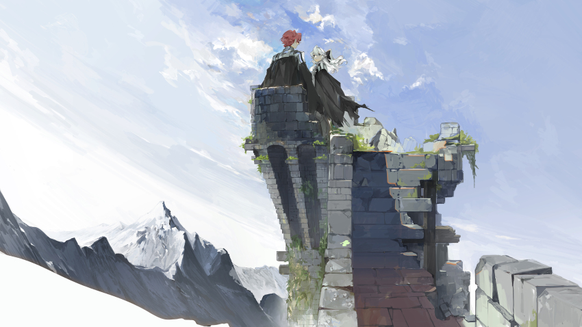 1boy 1girl absurdres armor armored_boots black_cloak black_ribbon boots check_copyright cloak cloud cloudy_sky commentary copyright_request day facing_another floating_hair fortress grey_hair half_updo highres long_hair looking_at_another mountain original pauldrons red_hair ribbon ruins saberiii short_hair shoulder_armor sky snow standing symbol-only_commentary tower white_hair
