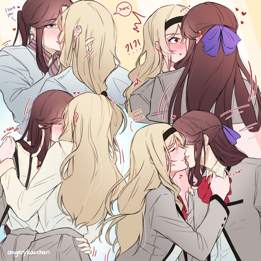 !? &gt;_&lt; 2girls ^^^ angerykacchan black_hairband blonde_hair blush bow bowtie breast_pocket brown_eyes brown_hair closed_eyes clothes_grab collar_grab collared_shirt commentary criss-cross_strings english_commentary english_text face-to-face full-face_blush grey_jacket grey_skirt hair_ribbon hairband hand_on_another&#039;s_head hand_on_another&#039;s_hip hand_on_another&#039;s_shoulder hand_up heart highres imminent_kiss implied_kiss jacket lips long_hair long_sleeves motion_blur multiple_girls neckwear_grab parted_bangs parted_lips pocket purple_eyes red_bow red_bowtie removing_jacket ribbon saijou_claudine seishou_music_academy_uniform shirt shirt_tucked_in shoujo_kageki_revue_starlight sidelocks skirt spoken_expression tendou_maya undressing_another white_shirt yuri