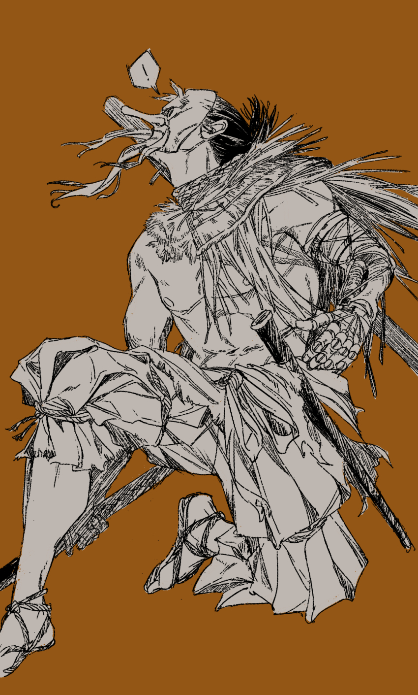 ! 1boy greyscale_with_colored_background highres katana male_focus mask nipples orange_background pants piyomotsu sandals sekiro sekiro:_shadows_die_twice simple_background solo squatting sword tengu_mask topless_male weapon
