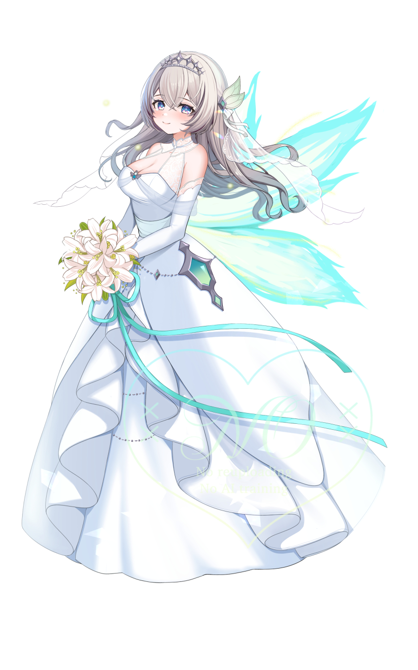 1girl absurdres alternate_costume aqua_hair bare_shoulders blush bouquet breasts bridal_veil cleavage closed_mouth commentary_request dress elbow_gloves firefly_(honkai:_star_rail) flower full_body gloves gradient_hair grey_hair hair_between_eyes hair_ornament highres holding holding_bouquet honkai:_star_rail honkai_(series) large_breasts long_hair looking_at_viewer multicolored_hair oguraponti purple_eyes simple_background sleeveless sleeveless_dress smile solo standing tiara veil very_long_hair watermark white_background white_dress white_flower white_gloves