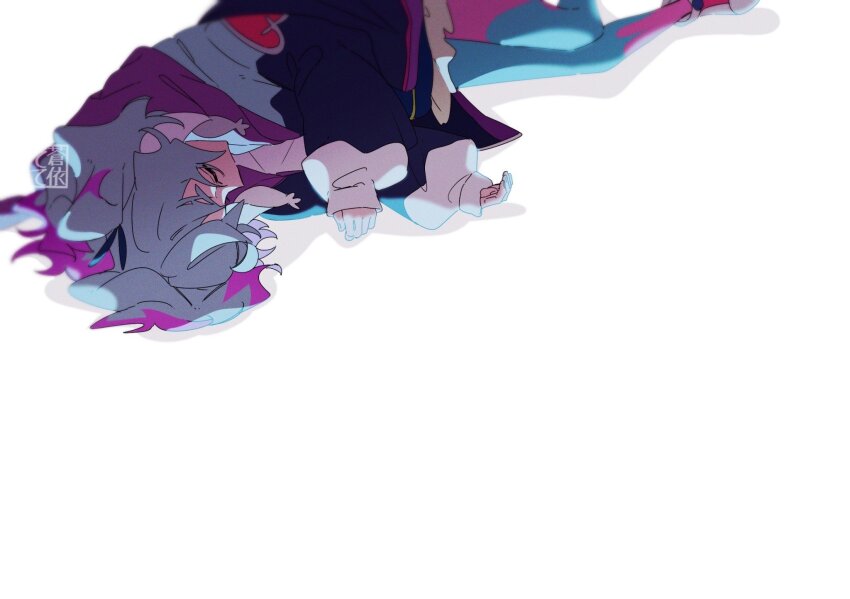 1girl aoi_tete artist_logo blue_coat blue_hair blue_pantyhose closed_eyes coat highres hood hood_down hooded_coat logo long_sleeves lying medium_hair multicolored_coat multicolored_hair multicolored_pantyhose on_side pantyhose pink_pantyhose precure precure_all_stars precure_all_stars_f preme_(precure) purple_hair shadow simple_background sleeping solo two-tone_hair two_side_up white_background