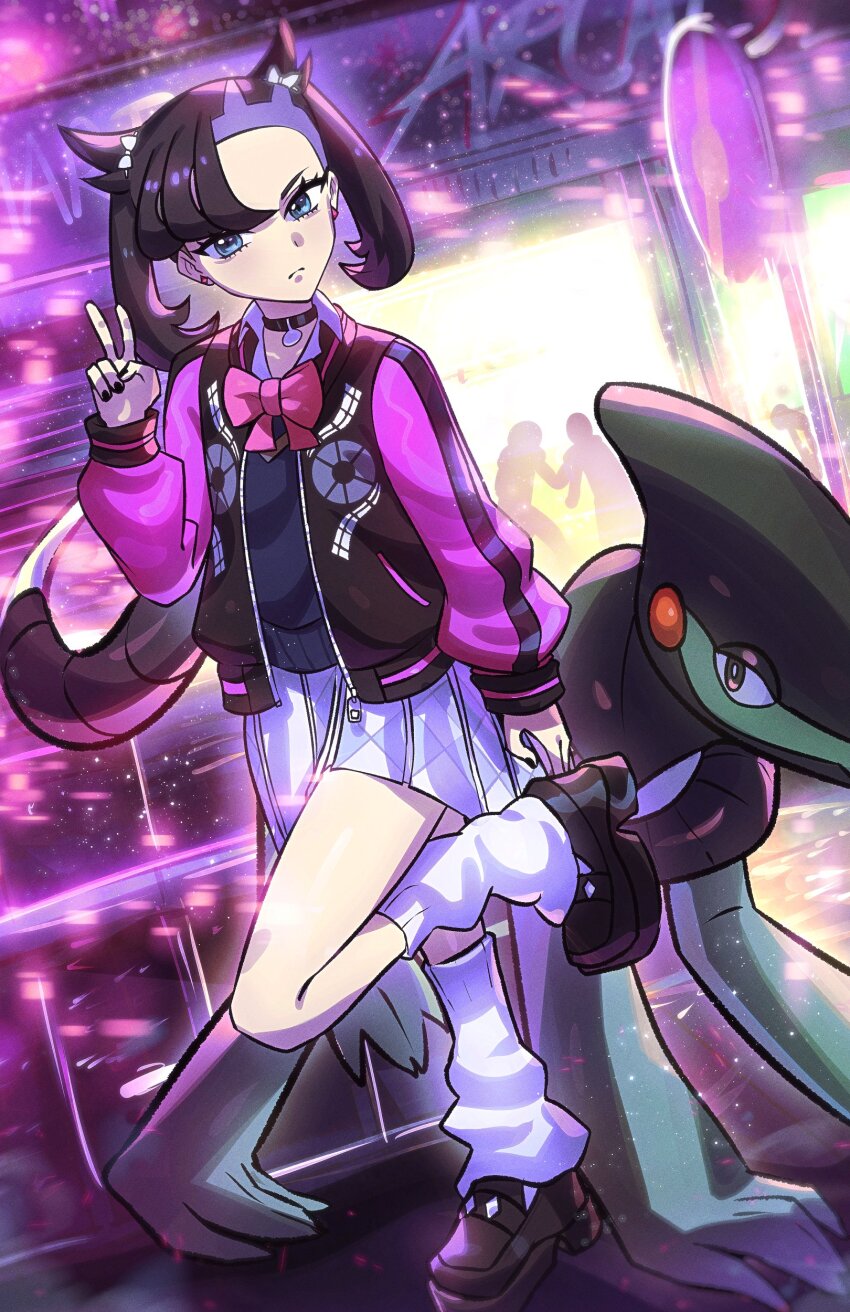 1girl absurdres asymmetrical_bangs black_choker black_hair black_nails black_shoes bow bowtie choker closed_mouth commentary cyclizar earrings english_commentary full_body green_eyes highres jacket jewelry light_frown long_sleeves looking_at_viewer marnie_(academy)_(pokemon) marnie_(pokemon) nintendo official_alternate_costume open_clothes open_jacket pink_bow pink_bowtie pleated_skirt pokemon pokemon_(creature) pokemon_masters_ex ryairyai school_uniform shoes skirt socks twintails v white_skirt white_socks