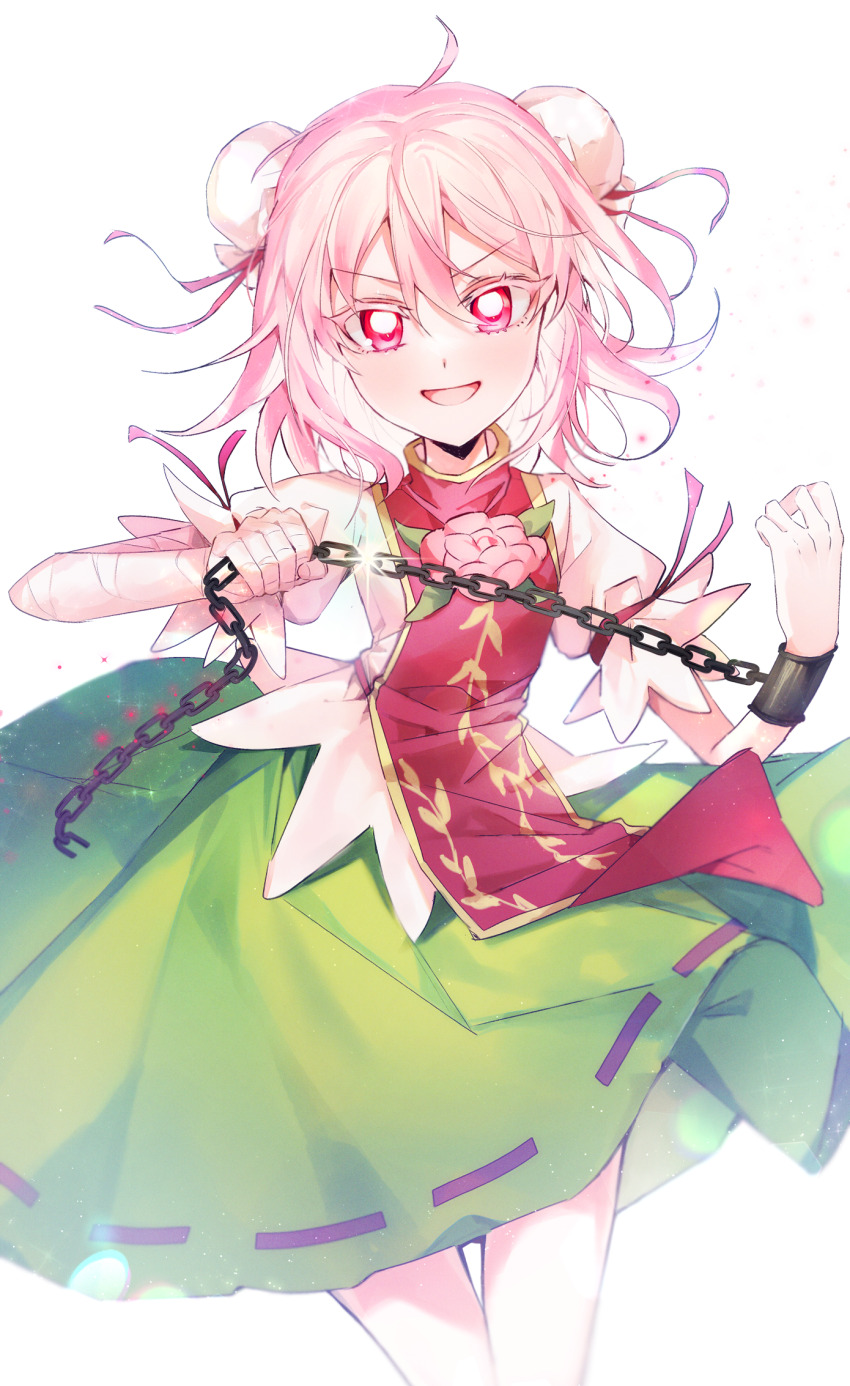 1girl bandaged_arm bandages bun_cover chinese_clothes commentary_request cuffs double_bun flower green_skirt hair_bun highres ibaraki_kasen it_po_(sss_cmy) looking_at_viewer open_mouth pink_flower pink_hair pink_rose puffy_short_sleeves puffy_sleeves red_eyes red_tabard ribbon-trimmed_skirt ribbon_trim rose shackles shirt short_hair short_sleeves simple_background skirt solo tabard touhou white_background white_shirt