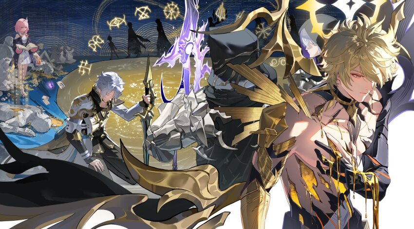 5boys 6+girls aglaea_(honkai:_star_rail) alternate_form anaxa_(honkai:_star_rail) antenna_hair armor asymmetrical_wings black_choker black_cloak black_gloves black_shirt black_wings blonde_hair blue_cape book cape castorice_(honkai:_star_rail) choker cipher_(honkai:_star_rail) cloak closed_eyes coat commentary coreflame_(honkai:_star_rail) cracked_skin cyrene_(honkai:_star_rail) dark_persona dress english_commentary fingerless_gloves flame_reaver_of_the_deepest_dark gloves guaisanmu hair_between_eyes hair_ornament halo halo_behind_head hand_on_own_chest highres holding holding_book holding_sword holding_weapon honkai:_star_rail honkai_(series) hood hood_up hooded_cloak hyacine_(honkai:_star_rail) kneeling material_growth multiple_boys multiple_girls multiple_persona mydei_(honkai:_star_rail) pauldrons phainon_(honkai:_star_rail) pink_hair shirt short_hair shoulder_armor single_glove single_pauldron sword torn_clothes torn_shirt trianne_(honkai:_star_rail) tribbie_(honkai:_star_rail) trinnon_(honkai:_star_rail) weapon white_coat white_dress white_hair wings yellow_blood yellow_eyes yellow_wings