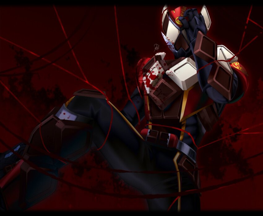 1boy armor blood blood_on_armor bodysuit boots brown_armor chocodon_(white_chocolate) chocodon_gochizou chocolate energy_gun gloves gun hand_on_own_face holding holding_gun holding_weapon kamen_rider kamen_rider_gavv_(series) kamen_rider_valen male_focus power_armor red_background reiei_8 solo valenbuster weapon
