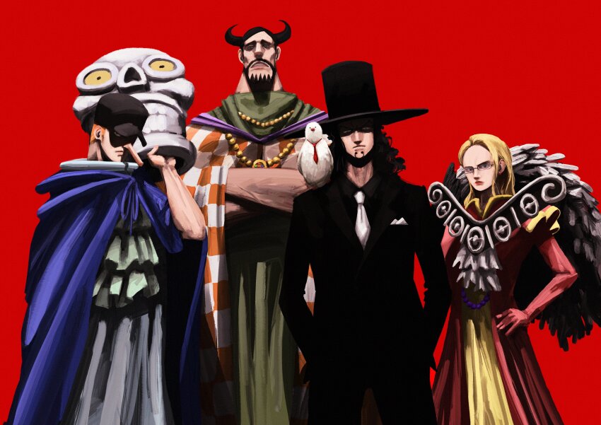 1girl 3boys absurdres beard black_hat black_suit blonde_hair blue_cloak blueno cloak commentary cowboy_shot crossed_arms dress english_commentary facial_hair formal_clothes glasses goatee hand_on_own_hip hands_in_pockets hat highres holding iam_san3 kaku_(one_piece) kalifa_(one_piece) long_hair long_nose long_sleeves looking_at_viewer multiple_boys necktie one_piece red_background rob_lucci simple_background suit white_necktie