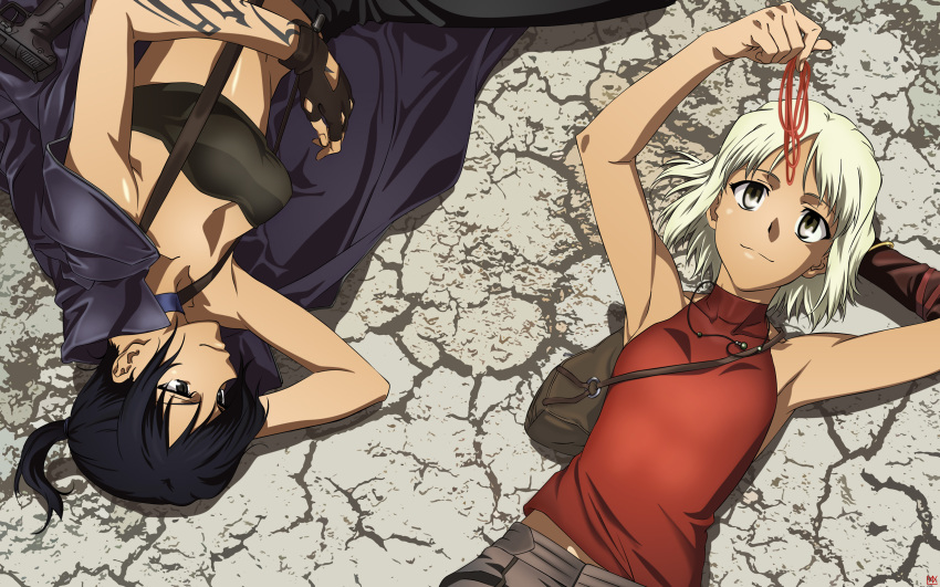 2girls 428 428:_fuusa_sareta_shibuya_de alphard_(canaan) black_hair canaan_(character) canaan_(series) chunsoft derivative_work highres lying multiple_girls sekiguchi_kanami short_hair string string_of_fate vector_trace white_hair