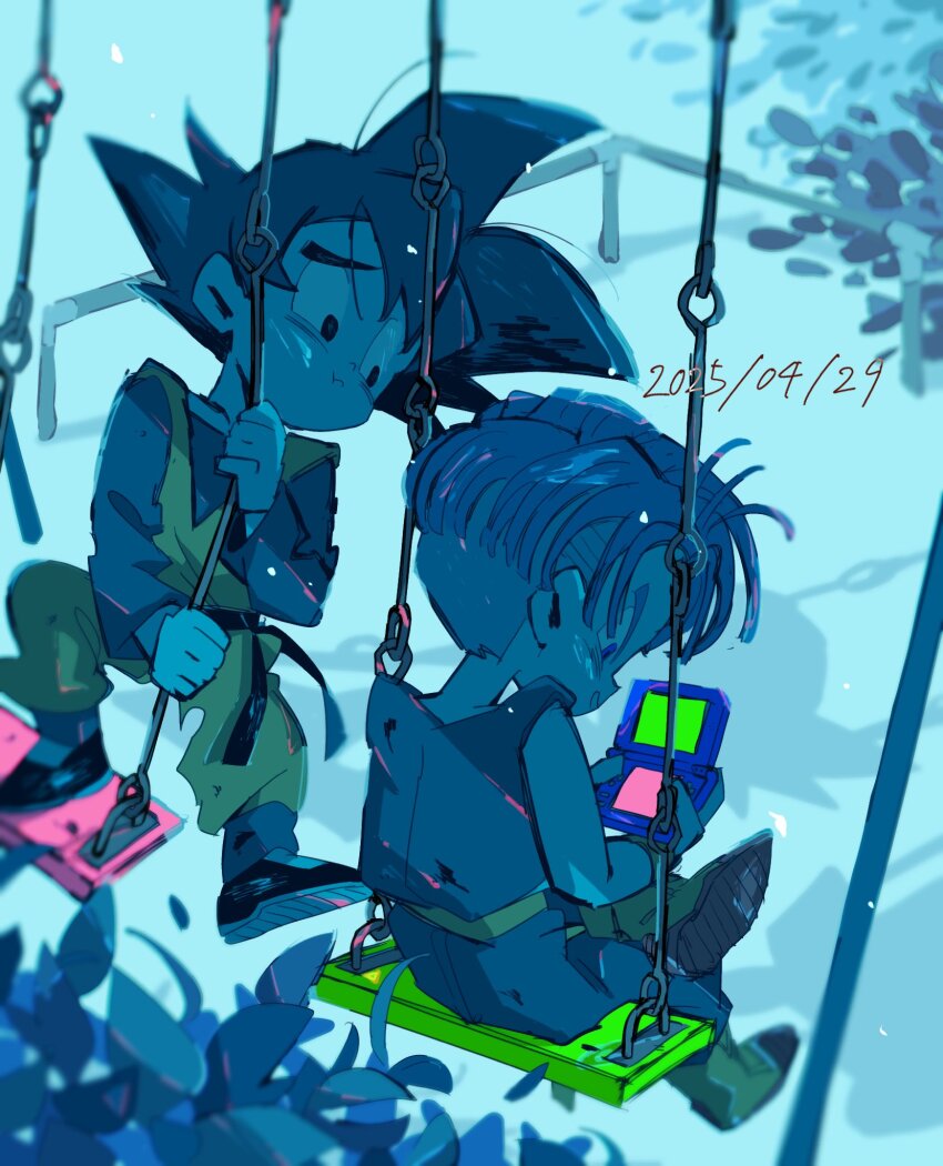 2boys binzu_cla black_hair child dougi dragon_ball dragonball_z handheld_game_console highres holding holding_handheld_game_console male_focus missing_commentary multiple_boys muted_color nintendo_ds orange_shirt shadow shirt short_hair son_goten spiked_hair swing trunks_(dragon_ball)