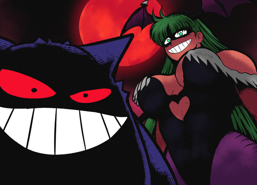 1girl animal_print bare_shoulders bat_(animal) bat_print bat_wings breasts chakkrx cleavage clothing_cutout crossover darkstalkers demon_girl from_below full_moon gen_1_pokemon gengar green_eyes green_hair grin head_wings heart_cutout highres large_breasts leotard long_hair looking_at_viewer moon morrigan_aensland night nintendo pantyhose pokemon pokemon_(creature) print_pantyhose purple_pantyhose purple_wings red_eyes red_moon sky smile teeth wings