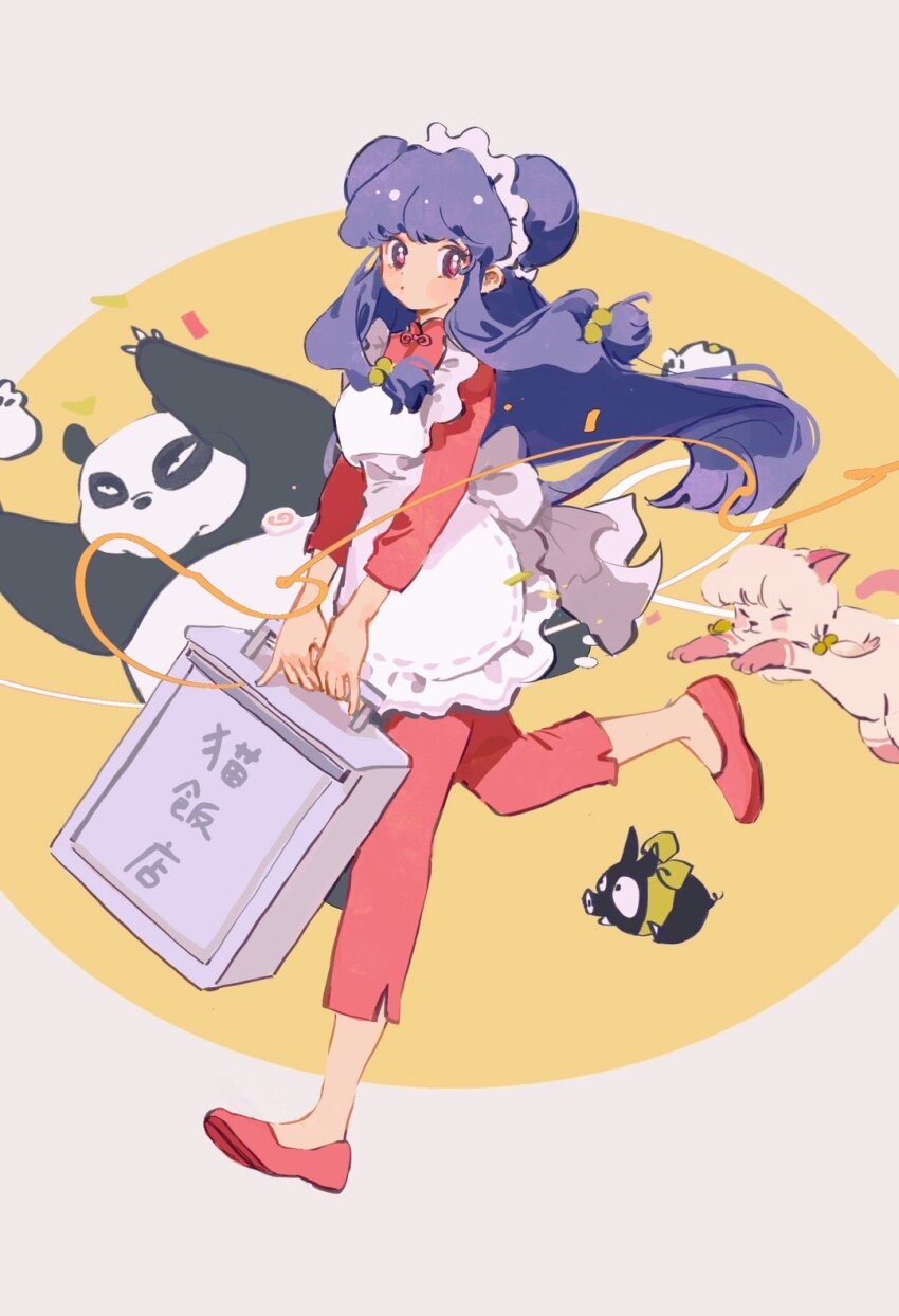1girl apron cat chinese_clothes double_bun dual_persona hair_bun highres long_hair maid_apron maid_headdress okamochi_(container) p-chan panda pants pig purple_hair ranma_1/2 red_eyes red_footwear red_pants red_shirt saikiuuu saotome_genma_(panda) shampoo_(cat) shampoo_(ranma_1/2) shirt sidelocks white_apron