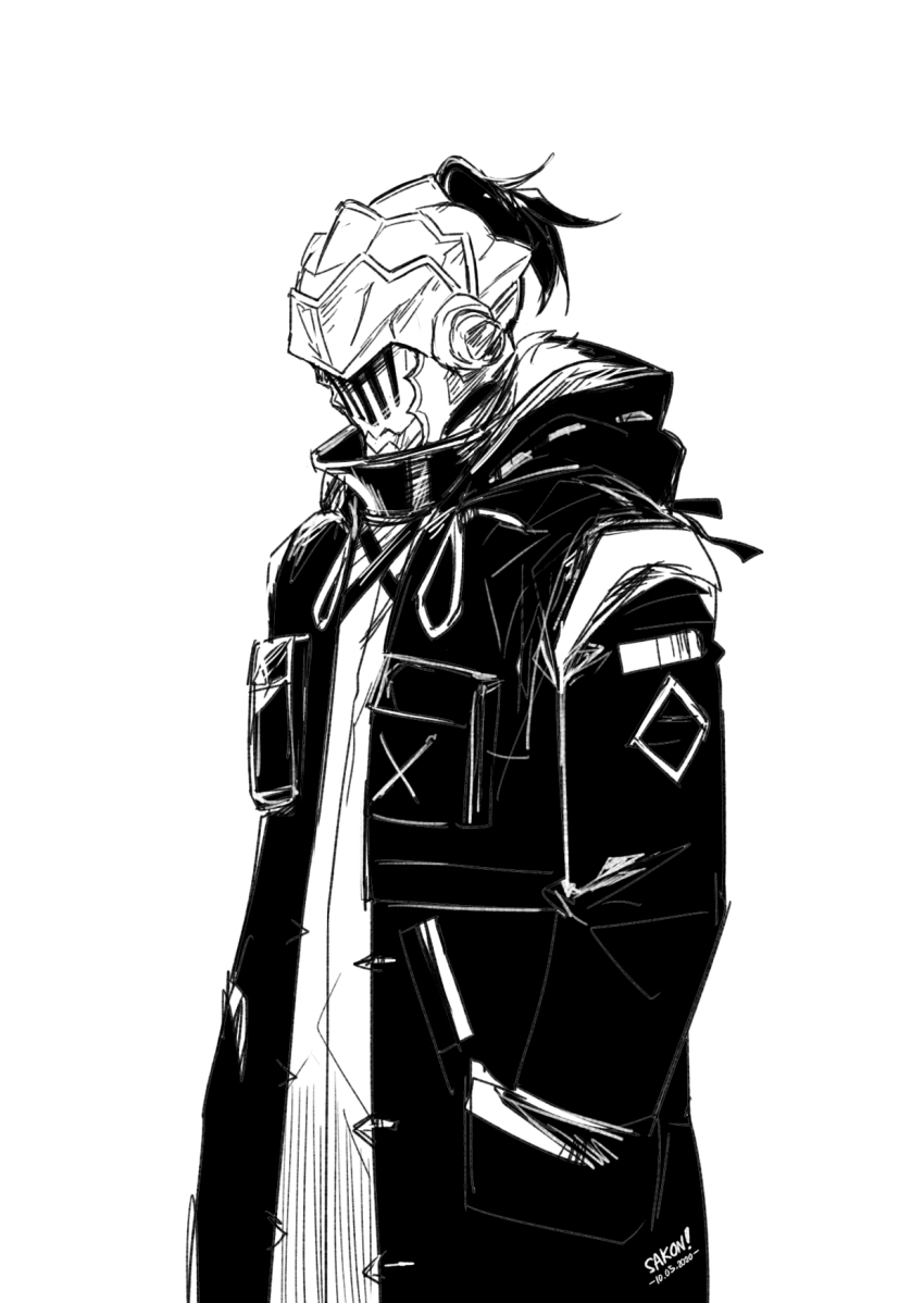 arknights artist_name broken_horns coat cosplay dated doctor_(arknights) fur_trim goblin_slayer goblin_slayer! goblin_slayer_(cosplay) helmet highres hood monochrome sakon04 simple_background visor_(armor) white_background