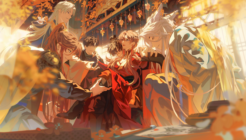 1girl 5boys absurdres animal_ears black_hair brown_hair charlie_su chinese_clothes fox_boy fox_ears hanfu high_ponytail highres light_and_night_love long_hair lu_chen male_harem multiple_boys parted_bangs ponytail protagonist_(light_and_night_love) qi_sili white_hair xia_mingxing xiao_yi_(light_and_night_love) zhuowang233