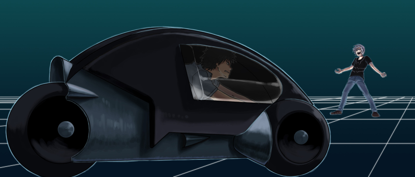 2boys accelerator_(toaru_majutsu_no_index) drawfag full_body highres kamijou_touma multiple_boys spiked_hair standing toaru_majutsu_no_index tron vehicle
