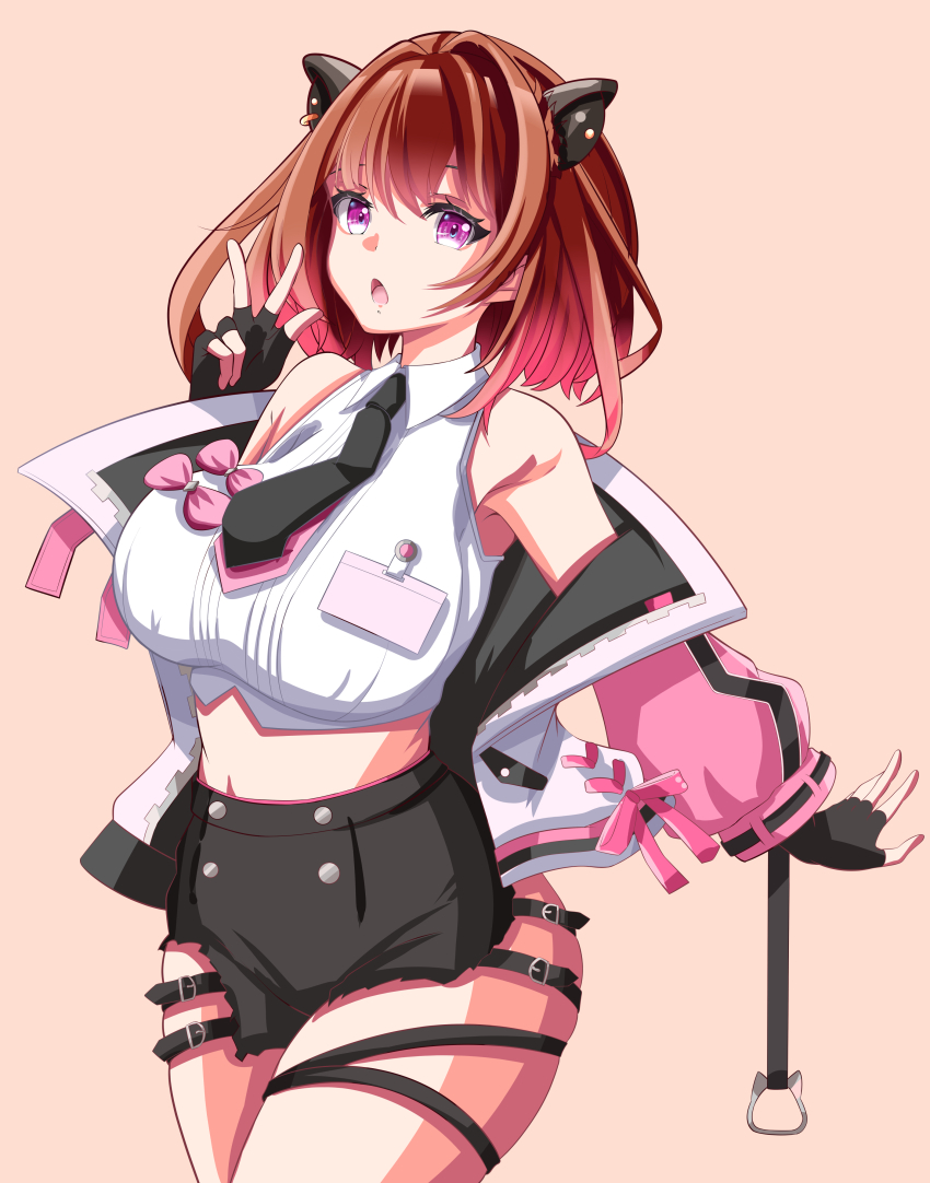 1girl absurdres akai_watame animal_ears black_gloves black_necktie black_shorts breasts brown_background brown_hair buttons capybara_ears capybara_girl collared_shirt commentary_request cowboy_shot crop_top earrings extra_eyes fingerless_gloves gloves gradient_hair highres id_card jewelry large_breasts looking_at_viewer medium_hair midriff multicolored_hair nanashi_inc. necktie open_mouth pink_eyes pink_hair shirt shorts simple_background sleeveless sleeveless_shirt solo stud_earrings thigh_strap virtual_youtuber w white_shirt yunohara_izumi