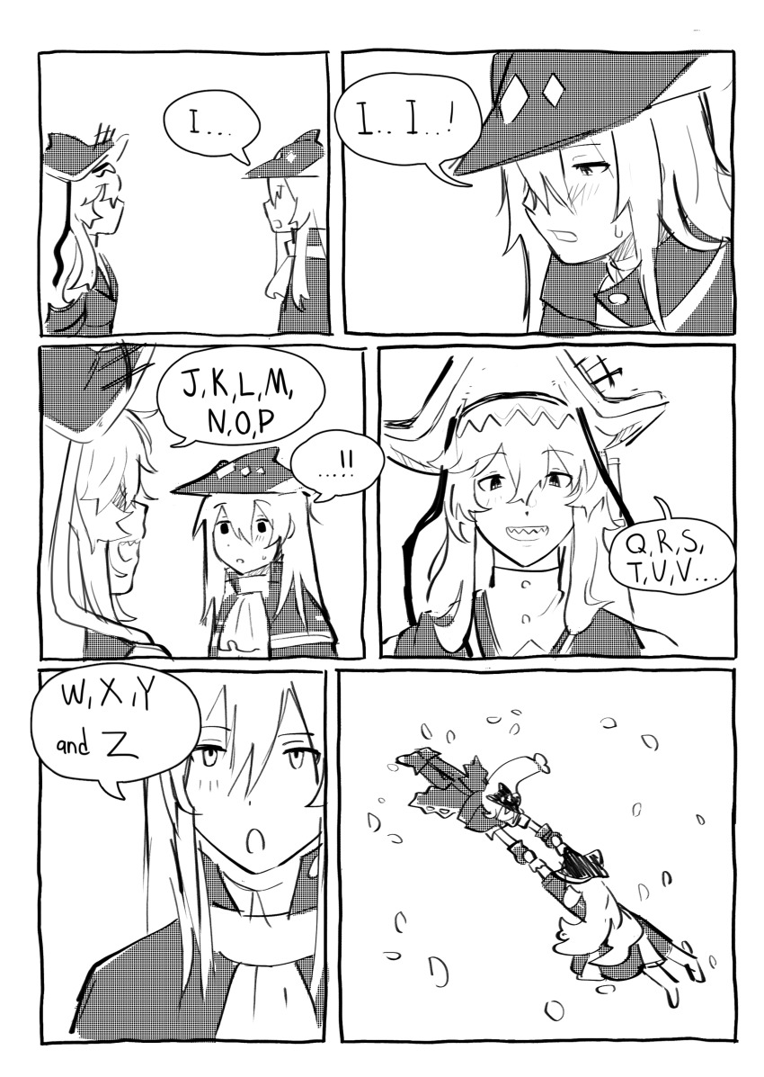 2girls 6koma absurdres arknights black_dress black_headwear comic dress hair_between_eyes highres holding_hands long_hair long_sleeves meatworld9 multiple_girls skadi_(arknights) smile specter_(arknights) speech_bubble vertical_comic very_long_hair