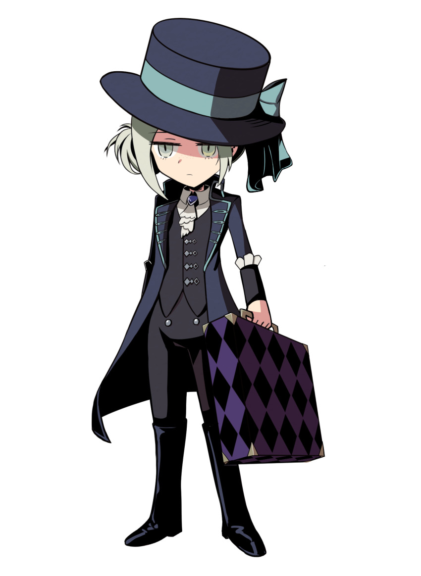 1girl :/ ascot black_boots black_coat black_hat black_pants black_vest blue_bow blue_brooch boater_hat boots bow coat collared_shirt deformed full_body grey_eyes grey_hair hair_bun hat hat_bow highres holding holding_suitcase knee_boots legs_apart looking_at_viewer pants pants_tucked_in reverse:1999 shirt single_side_bun solo standing suitcase thiepriest vertin_(reverse:1999) vest waistcoat white_ascot white_background white_shirt