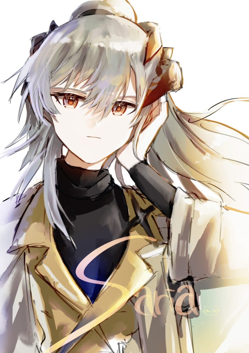 1girl :| arknights black_sweater closed_mouth expressionless grey_eyes grey_hair hair_between_eyes hand_on_own_head highres jacket long_hair long_sleeves looking_at_viewer one-hour_drawing_challenge orange_pupils ponytail portrait saria_(arknights) sidelocks signature simple_background solo sweater tukaima turtleneck turtleneck_sweater white_background white_jacket