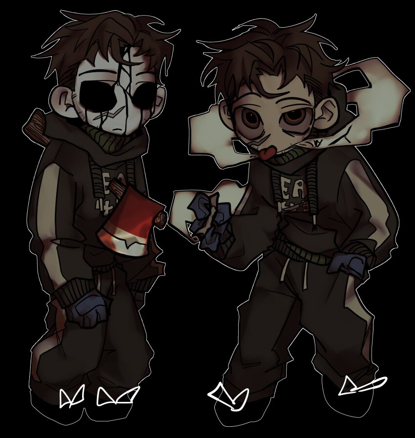 2boys absurdres afraid_of_monsters axe black_background black_gloves black_hoodie blood blood_on_clothes bloodshot_eyes bloody_weapon brown_hair david_leatherhoff dual_persona empty_eyes fighting_stance fire_axe full_body gloves highres hole_in_chest hole_on_body hood hood_down hoodie impaled ju-san male_focus messy_hair multiple_boys outline print_hoodie red_pupils scar scar_on_face shoes short_hair smoke sneakers the_addiction_(afraid_of_monsters) tongue tongue_out turtleneck weapon white_outline