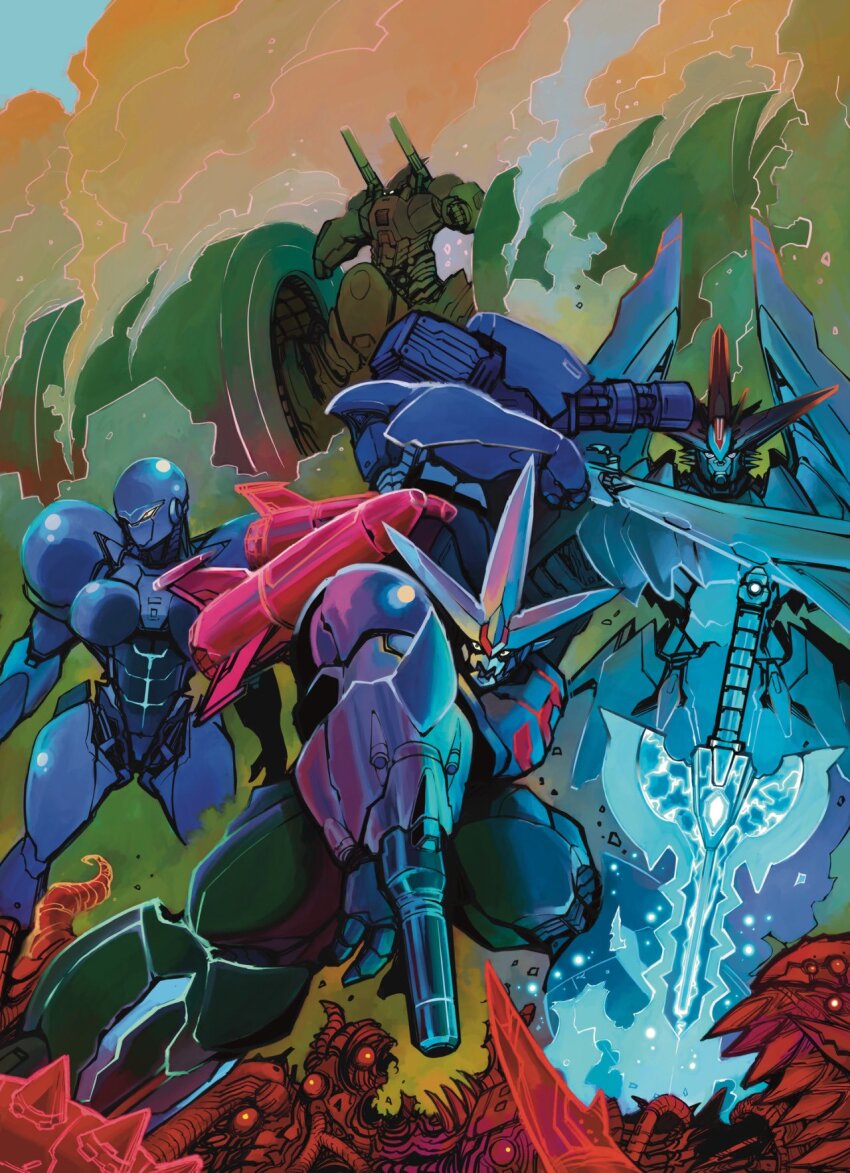 4others arm_cannon armor battle bb-5 blue_armor blue_eyes blue_light corpse dual_arm_cannons dust_cloud energy_sword fighting_stance gatling_gun getter_go getter_robo getter_robo_go glowing glowing_sword glowing_weapon green_armor highres jetpack joints kaiju looking_at_viewer mecha mecha_focus mechanical_wings minigun monster multicolored_armor multiple_others pile_of_corpses red_armor red_eyes robo_sun_t-520 robot robot_girl robot_joints sharp_teeth shoulder_cannon spikes steamroller stilva sword teeth tentacles weapon wings yamanushi
