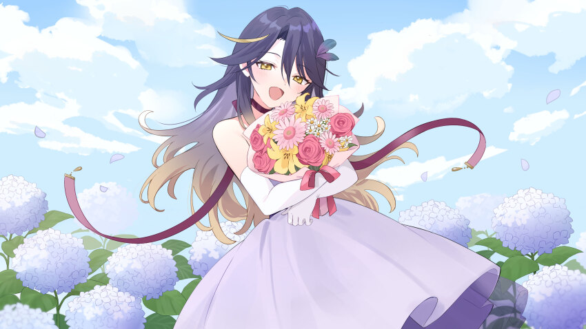 1girl :d absurdres alternate_costume blonde_hair blue_sky blush bouquet cloud commentary daisy dress english_commentary feather_hair_ornament feathers flower gloves gradient_hair hair_ornament highres holding holding_bouquet hydrangea long_hair lua_asuka multicolored_hair nifu open_mouth petals pink_flower production_kawaii purple_dress purple_hair rose second-party_source sky smile solo streaked_hair tongue virtual_youtuber white_flower white_gloves yellow_eyes