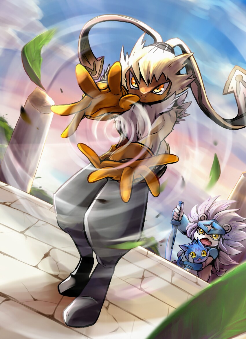 armor digimon digimon_(creature) fang highres open_mouth rabbit_boy spadamon sword symbareangoramon wanyamon weapon white_hair