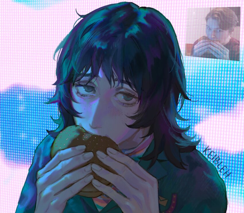 1girl anya_(mouthwashing) artist_name black_hair blue_jumpsuit burger eating food green_eyes highres holding holding_burger holding_food jerma985_(person) jerma985_eating_a_whopper_(meme) jumpsuit keibleh medium_hair meme mouthwashing photo-referenced photo_inset solo