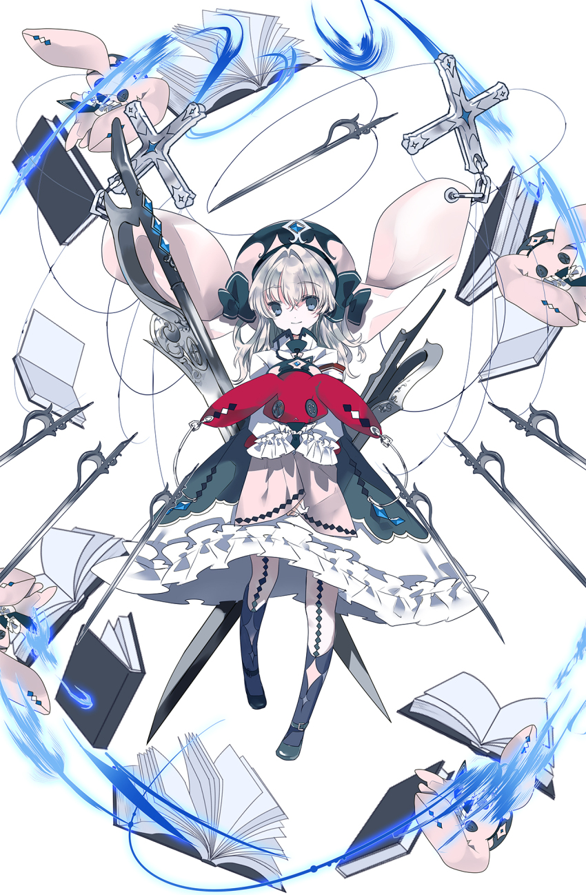 1girl blue_eyes blue_gemstone book cierra_(ra-bit) closed_mouth commentary_request cross dress floating floating_book floating_object frilled_dress frills full_body gem grey_dress grey_hair hair_between_eyes hair_intakes hat highres hugging_doll hugging_object long_hair long_sleeves looking_at_viewer open_book original pink_sleeves sleeves_past_wrists smile solo string stuffed_animal stuffed_toy sword two-tone_headwear weapon white_background white_dress