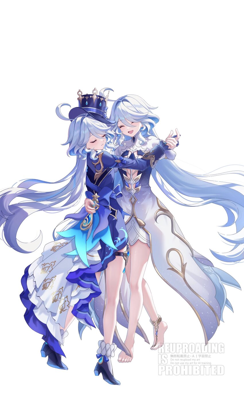 2girls ^_^ absurdres ahoge barefoot blue_dress blue_gemstone blue_hair blue_hat blue_jacket blue_shoes closed_eyes closed_mouth commentary_request dress full_body furina_(genshin_impact) gem genshin_impact gradient_clothes gradient_dress hair_between_eyes hand_on_another&#039;s_back hat highres holding_hands jacket long_hair long_sleeves multicolored_hair multiple_girls nk7ss open_mouth shoes simple_background teardrop-shaped_gem thigh_strap very_long_hair white_background white_dress white_hair