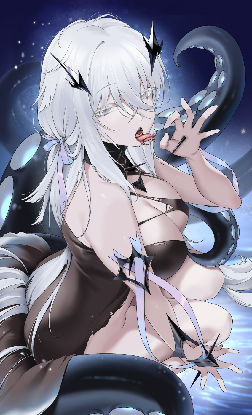 1girl absurdres azur_lane black_dress breasts cleavage colored_eyelashes crossed_bangs dress fancy_(azur_lane) fellatio_gesture from_side grey_eyes hair_ribbon highres large_breasts looking_at_viewer open_mouth oxygen_mask_(oxygenmask233) purple_ribbon ribbon sharp_teeth solo suction_cups teeth tentacle_tongue tentacles tongue tongue_out torn_clothes torn_dress white_hair