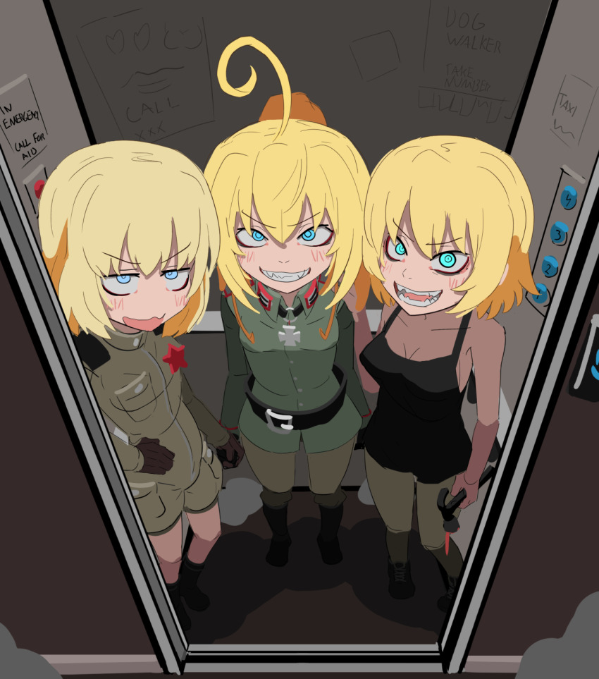 3girls ahoge black_tank_top blonde_hair blue_eyes breasts c&#039;venash_vishneri commentary crossover elevator english_commentary fangs girls_und_panzer green_jumpsuit green_pants hammer helmet highres holding holding_hammer jumpsuit katyusha_(girls_und_panzer) kurokimoko long_hair military_uniform multiple_girls pants pov pravda_military_uniform psychopomp_(game) sharp_teeth short_hair tank_top tanya_degurechaff teeth trait_connection unworn_headwear unworn_helmet youjo_senki