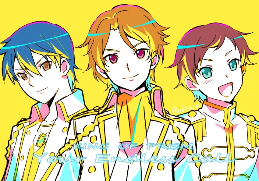 3boys :d blue_hair brown_eyes brown_hair commentary_request copyright_name epaulettes green_eyes highres jacket king_of_prism looking_at_viewer male_focus matsuura_mai multiple_boys open_mouth pretty_rhythm pretty_rhythm_aurora_dream pretty_series short_hair shou_(pretty_rhythm) simple_background smile toudou_hibiki upper_body wataru_(pretty_rhythm) white_jacket yellow_background