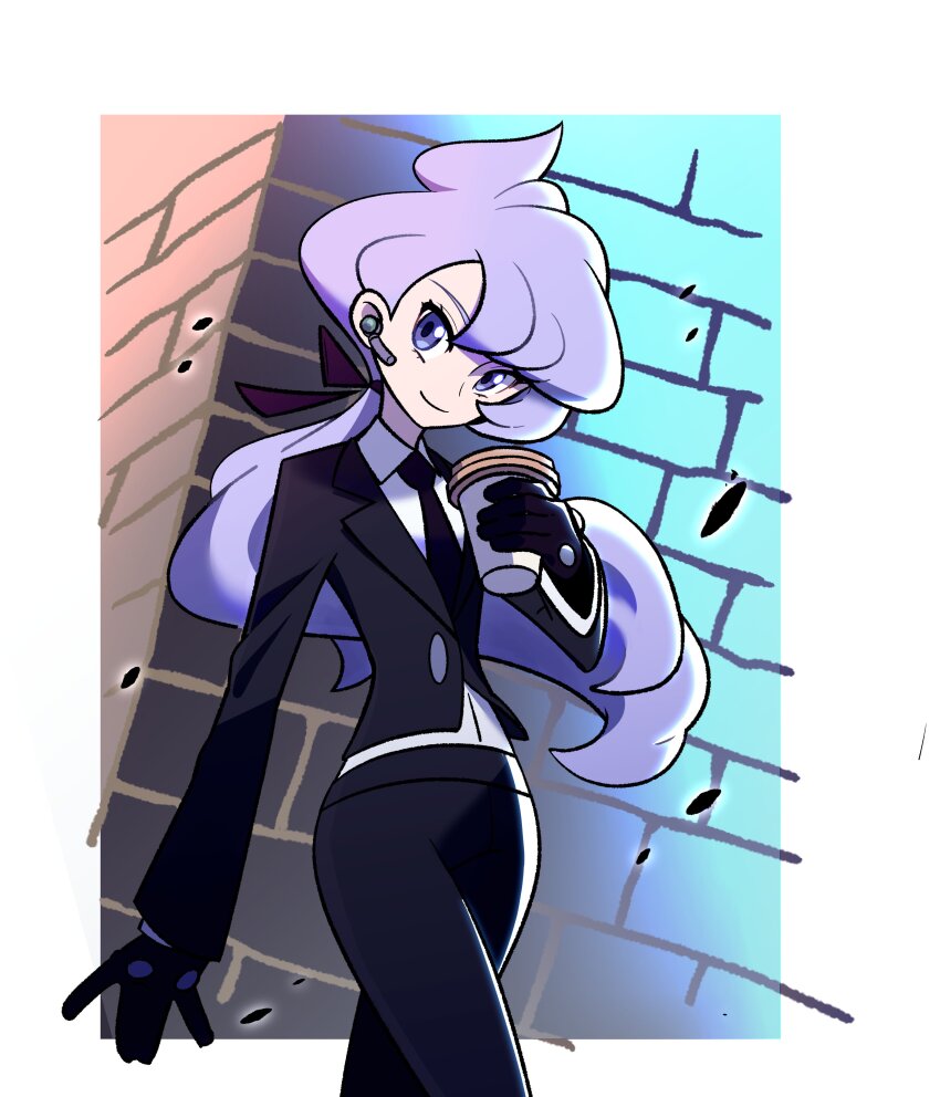 1girl absurdres anabel_(pokemon) asymmetrical_bangs black_gloves black_jacket black_necktie black_pants brick_wall closed_mouth collared_shirt commentary cowboy_shot cup disposable_coffee_cup disposable_cup earpiece english_commentary fukurinn gloves highres holding holding_cup jacket long_hair long_sleeves looking_at_viewer necktie nintendo pants pokemon pokemon_sm purple_eyes purple_hair shirt smile solo white_shirt