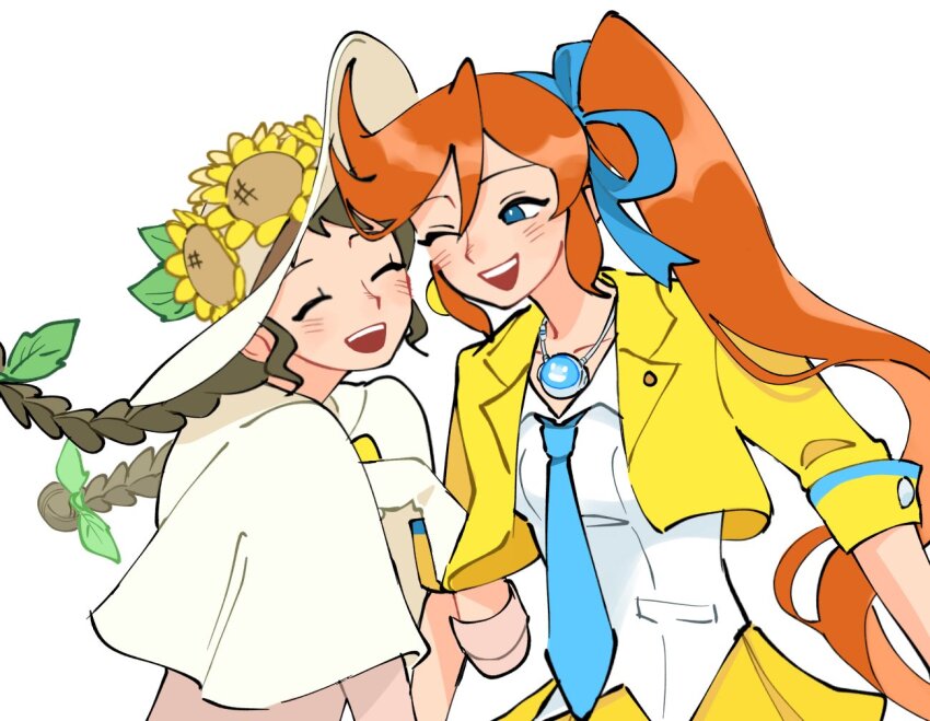 2girls ;d ace_attorney athena_cykes blue_bow blue_eyes blue_necktie bow braid brown_hair closed_eyes collared_shirt commentary cropped_jacket f_dgs flower hair_between_eyes hair_bow hat hat_flower holding_another&#039;s_arm jacket jewelry juniper_woods looking_at_another multiple_girls necklace necktie one_eye_closed open_mouth orange_hair phoenix_wright:_ace_attorney_-_dual_destinies shirt side_ponytail smile sunflower symbol-only_commentary teeth twin_braids upper_body upper_teeth_only white_background white_shirt yellow_jacket