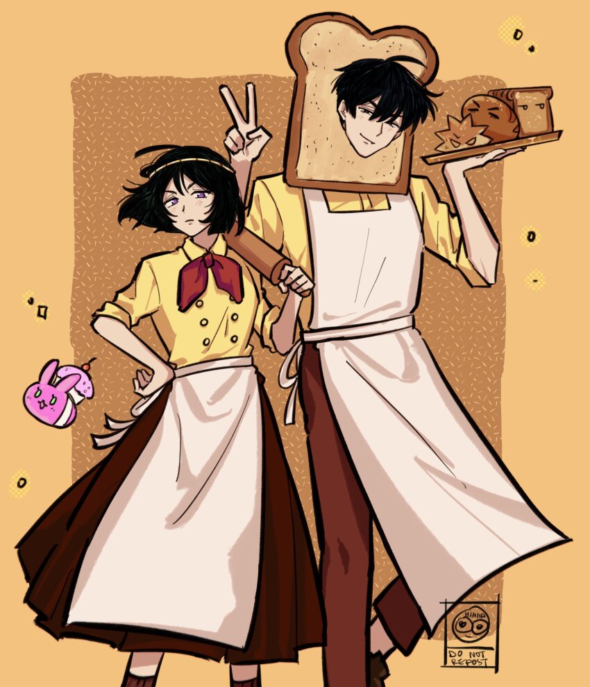 1boy 1girl ahoge alien_stage ankle_socks apron back_ribbon biscuit_(omori) biscuit_(omori)_(cosplay) black_eyes black_hair border bread breasts brown_background brown_pants brown_shoes brown_skirt brown_socks buttons closed_mouth collared_shirt commentary cosplay cupcake_bunny_(omori) double-breasted double-parted_bangs doughie_(omori) doughie_(omori)_(cosplay) english_commentary feet_out_of_frame food frown hair_between_eyes half-closed_eyes hand_on_own_hip height_difference highres hinnaxhinna holding holding_rolling_pin holding_tray ivan_(alien_stage) loaf_of_bread long_skirt looking_at_viewer neckerchief omori orange_border outside_border pants pleated_skirt purple_eyes red_neckerchief rolling_pin shirt shoes short_hair short_sleeves simple_background skirt small_breasts smile socks standing sua_(alien_stage) tray v v-shaped_eyebrows very_short_hair waist_apron watermark white_apron yellow_shirt