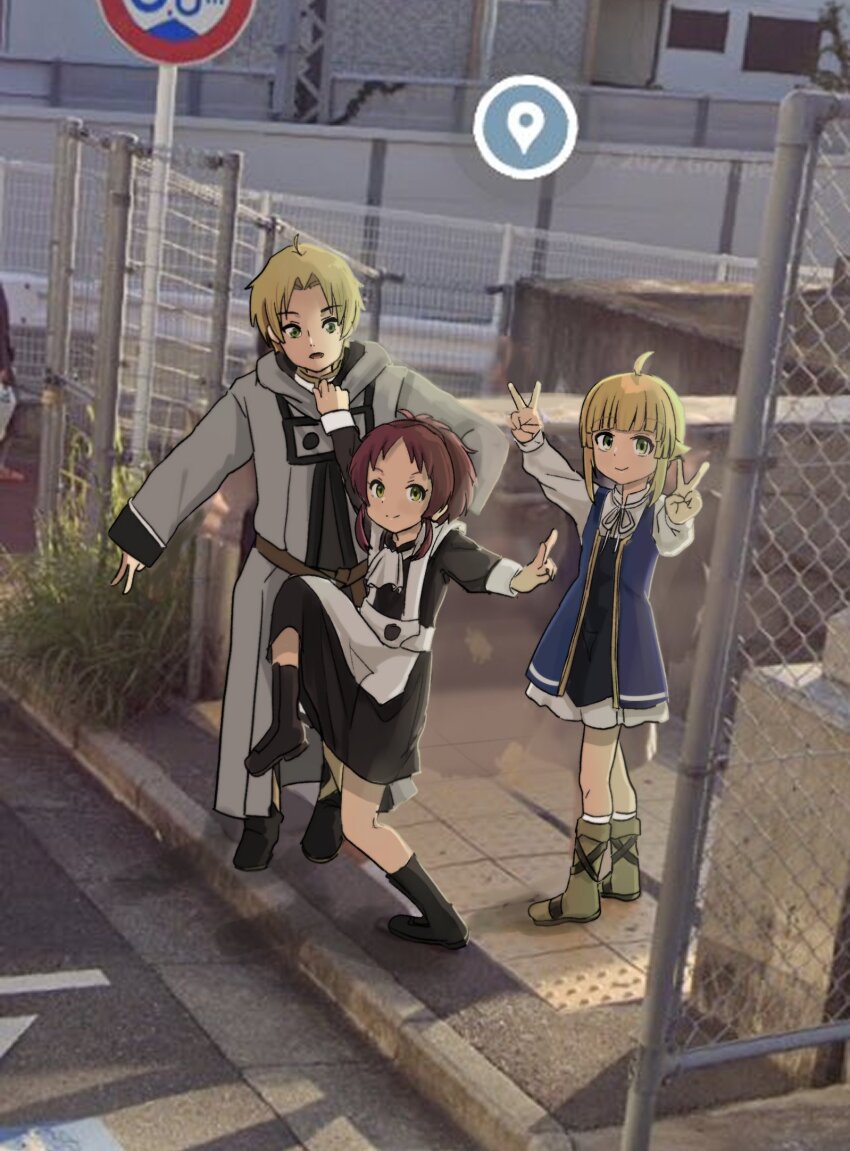 1boy 2girls ahoge aisha_greyrat apron ascot blonde_hair brother_and_sister chain-link_fence chocomi6517 cloak clothes_grab double_v eyebrows_hidden_by_hair family fence google_maps google_street_view green_cloak green_eyes grey_robe half-siblings high_school_girls_posing_for_google_street_view_(meme) highres long_bangs looking_at_viewer maid maid_apron meme multiple_girls mushoku_tensei norn_greyrat overhead_line photo_background raised_curb red_hair road_sign robe rudeus_greyrat siblings sidewalk sign sisters smile socks standing standing_on_one_leg v waist_ribbon white_apron white_ascot white_socks