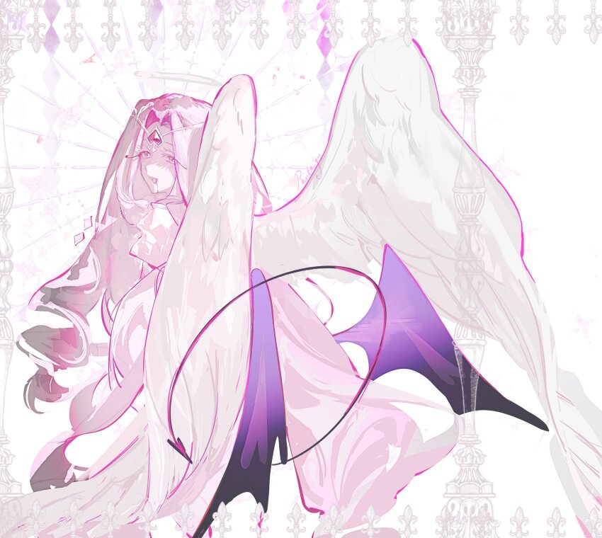 1girl absurdres angel angel_wings blood blood_from_mouth commentary cookie_run cookie_run:_kingdom english_commentary eternal_sugar_cookie from_behind halo highres long_hair looking_back open_mouth pink_hair rente_gu signature solo very_long_hair white_wings wings