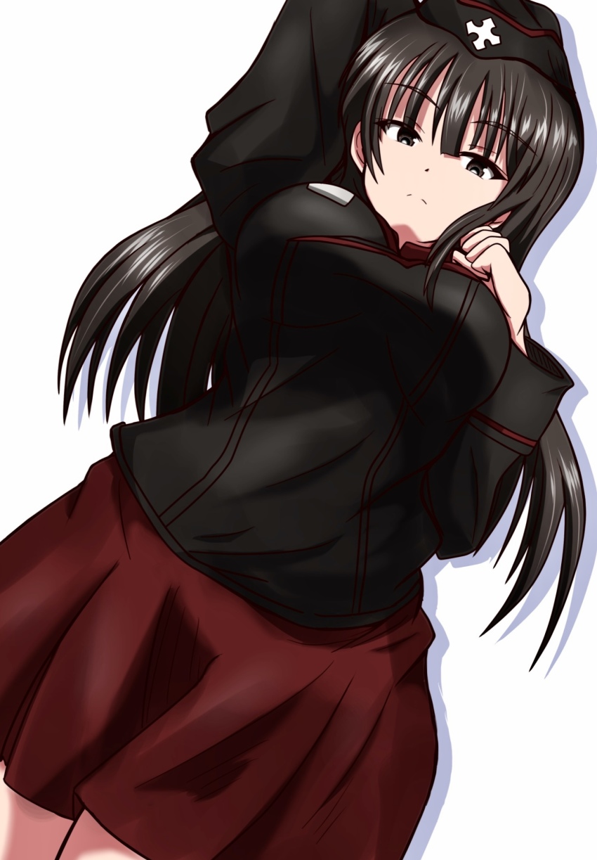1girl alternate_costume arm_behind_head arm_up black_eyes black_hair black_headwear black_jacket closed_mouth commentary cowboy_shot dress_shirt dutch_angle frown garrison_cap girls_und_panzer half-closed_eyes hand_on_own_chest hat highres insignia jacket kuromorimine_military_uniform long_hair long_sleeves looking_at_viewer mature_female meiya military military_hat military_uniform mother&#039;s_day nishizumi_shiho pleated_skirt red_shirt shirt simple_background skirt standing straight_hair white_background wing_collar