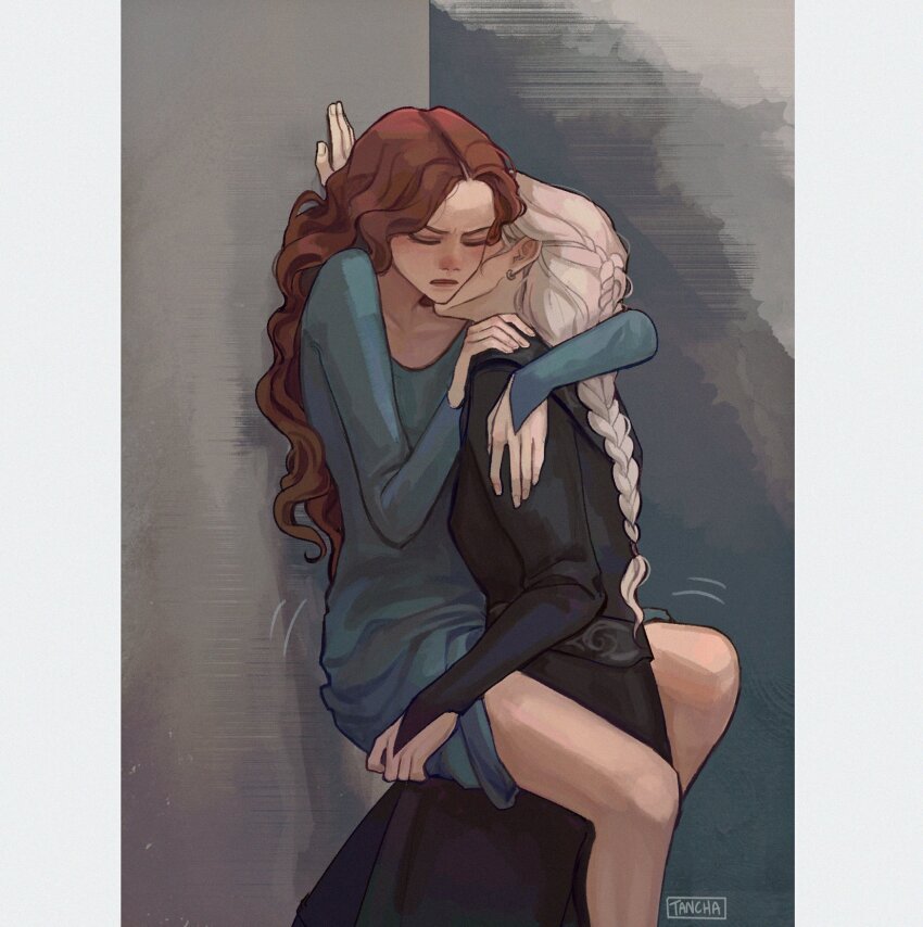2girls a_song_of_ice_and_fire alicent_hightower arm_around_neck artist_name between_legs black_dress blue_dress braid closed_eyes commentary dress earrings english_commentary hand_on_another&#039;s_waist highres jewelry kiss kissing_neck long_hair motion_lines multiple_girls parted_lips red_hair rhaenyra_targaryen single_braid tcn_tancha white_hair yuri
