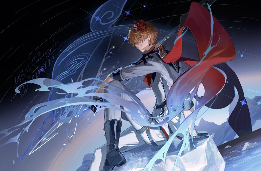 1boy absurdres ahoge arm_support black_boots black_gloves blue_eyes boots cape character_name collared_shirt commentary crossed_bangs dated earrings eksi_(kriixx) english_commentary floating_earring genshin_impact gloves gradient_sky grey_jacket grey_pants grin hair_between_eyes half_gloves happy_birthday highres holding holding_polearm holding_weapon ice jacket jewelry knee_up long_sleeves looking_at_viewer looking_to_the_side male_focus mask mask_on_head mountainous_horizon orange_hair pants parted_lips polearm popped_collar red_cape red_mask red_shirt shirt short_hair sitting sky sleeves_rolled_up smile solo spear star_trail tartaglia_(genshin_impact) thigh_strap water weapon