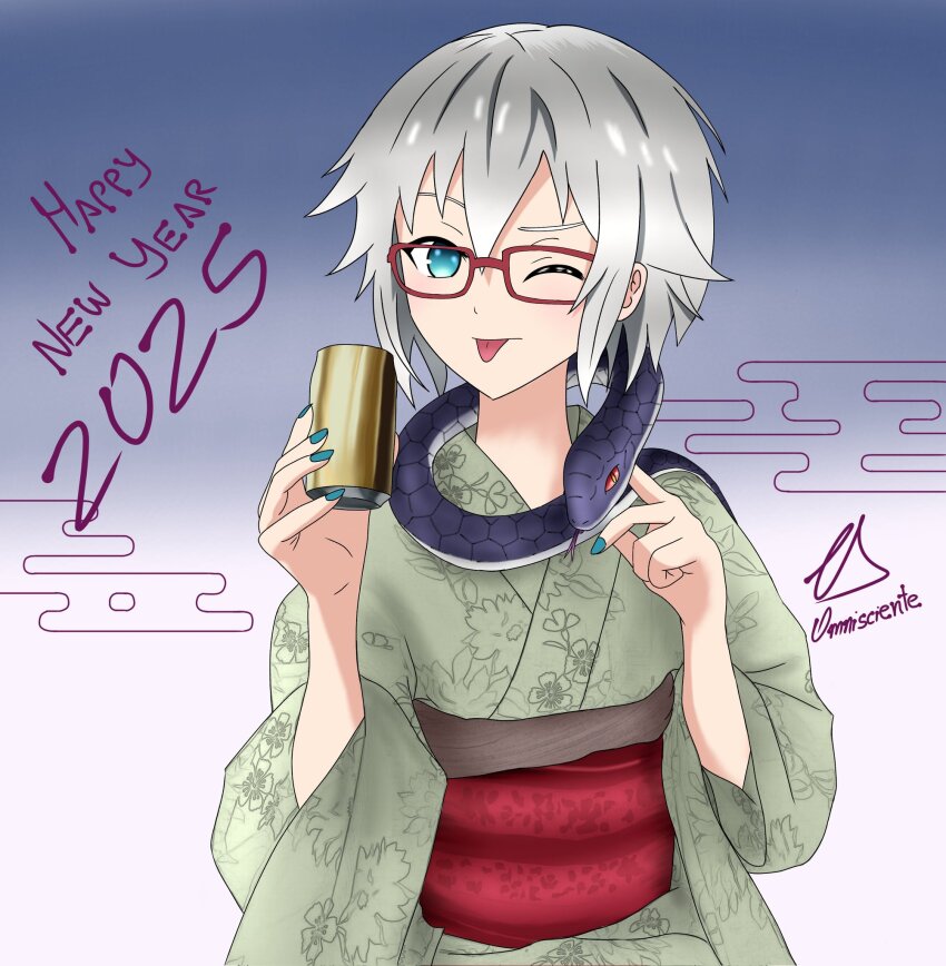 1girl blue_eyes blush date_a_live glasses highres honjou_nia japanese_clothes kimono nia_honjou1 one_eye_closed short_hair solo spanish_text tongue tongue_out white_hair wink yukata
