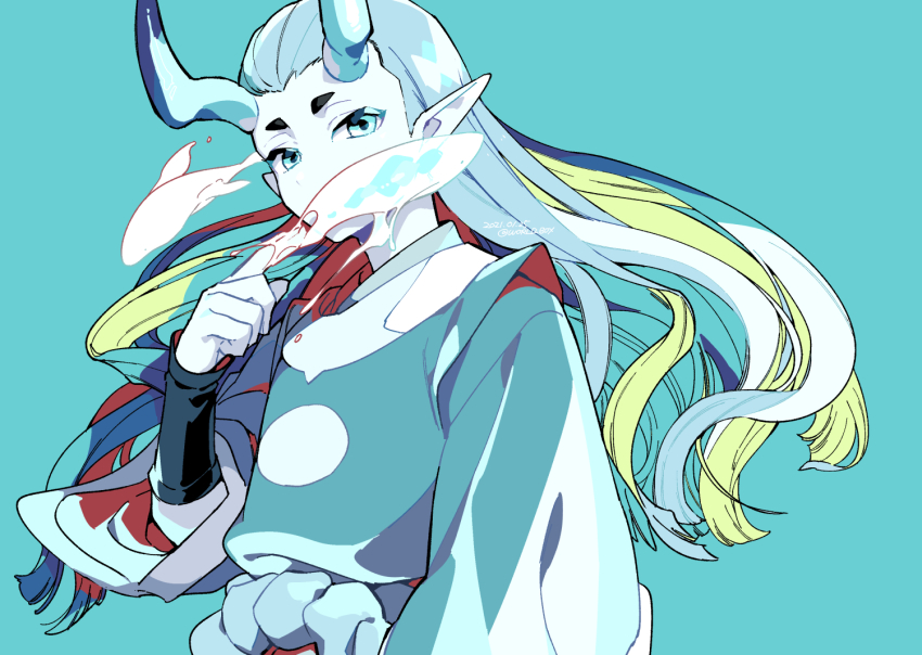 1boy aqua_background aqua_eyes aqua_horns aqua_skin colored_skin covered_mouth dated floating_hair hand_up horns long_hair long_sleeves looking_at_viewer luo_xiaohei_zhanji pointy_ears rope simple_background solo twitter_username vox xuhuai_(the_legend_of_luoxiaohei)