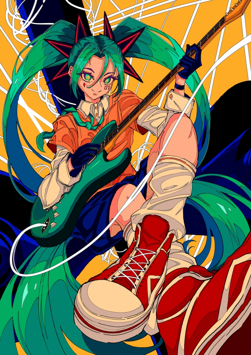 1girl abstract_background absurdly_long_hair absurdres aqua_eyes aqua_hair aqua_necktie artdroiiid_ii blue_gloves blue_skirt closed_mouth collared_shirt colorful commentary converse curtained_hair electric_guitar english_commentary eyelashes full_body gloves guitar hair_between_eyes hatsune_miku highres holding holding_instrument instrument kneehighs layered_sleeves long_hair long_sleeves looking_at_viewer loose_socks music necktie orange_shirt playing_instrument shirt short_over_long_sleeves short_sleeves sitting skirt sleeve_cuffs smile socks solo split_mouth sticker_on_face twintails very_long_hair vocaloid white_shirt white_socks wrist_straps