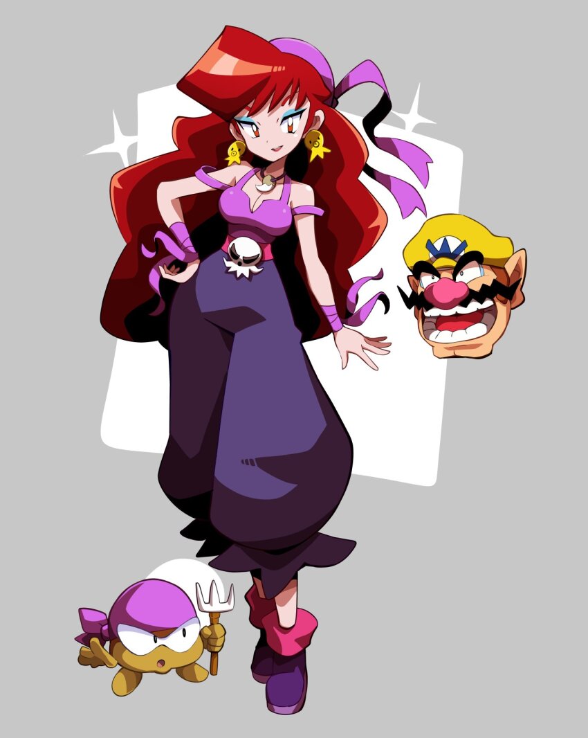 1girl baggy_clothes bandana blue_eyeshadow breasts captain_syrup cleavage curly_hair earrings eyeshadow hand_on_own_hip highres jewelry lipstick long_hair makeup nintendo octopus_earrings pants pirate_goom purple_bandana purple_pants red_eyes red_hair red_lips sakurajyousui_nami skull skull_belt wario wario_land wario_land:_shake_it!