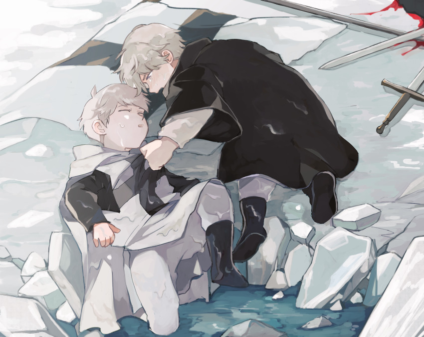 2boys axis_powers_hetalia black_boots black_cape black_shirt blood blood_on_ground bloody_weapon blush boots cape child closed_eyes commentary_request cross cross_print crying crying_with_eyes_open goro_nyanko grey_hair highres hood hooded_cape ice layered_sleeves long_sleeves looking_at_another lying male_focus multiple_boys on_back on_side open_mouth pants prussia_(hetalia) purple_eyes russia_(hetalia) shirt short_hair short_over_long_sleeves short_sleeves sword tears water weapon wet wet_clothes white_cape white_pants white_shirt