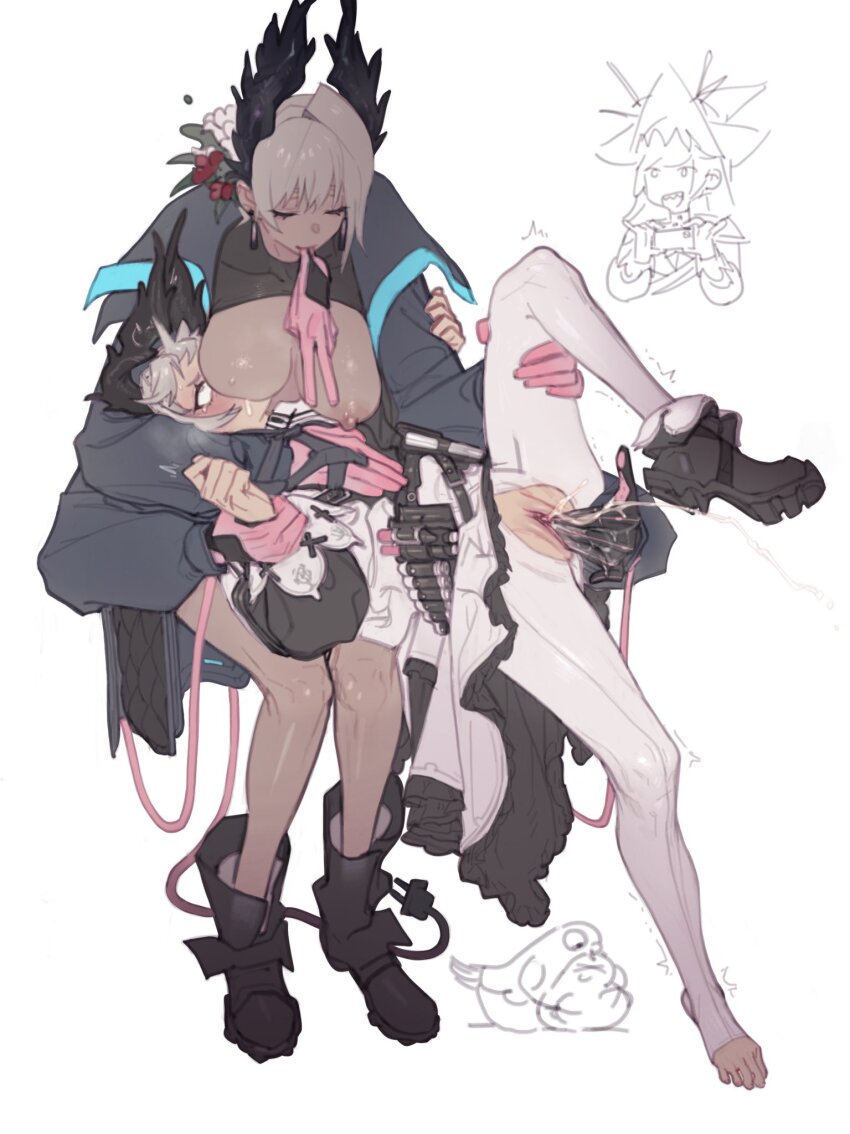 3girls ^^^ animal arknights bird bird_girl blush boots breast_smother breast_sucking breasts cellphone closed_eyes clothed_sex creator_connection dark-skinned_female dark_skin electric_plug electric_plug_tail extra_arms face_to_breasts female_ejaculation fingering flower glove_in_mouth gloves grey_hair gripping_clothes gun hair_flower hair_ornament hand_on_another&#039;s_chest hat head_wings highres hitobashira_(1746164306) holding holding_another&#039;s_leg holding_another&#039;s_wrist holding_phone holster irene_(arknights) large_breasts mouth_hold multiple_girls nursing_fingering open_mouth pantyhose phone pink_gloves raidian_(arknights) recording revision rolling_eyes sex sharp_teeth shoes simple_background single_shoe smartphone smile species_connection specter_(arknights) specter_the_unchained_(arknights) tail teeth torn_clothes torn_pantyhose trembling unworn_gloves watching weapon white_background white_hair white_pantyhose wings yuri