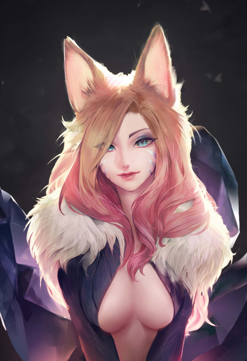 1girl absurdres ahri_(league_of_legends) ai-assisted blonde_hair blue_eyes breasts breasts_apart charles_(106858) closed_mouth facial_mark fox gradient_hair highres k/da_(league_of_legends) k/da_ahri league_of_legends long_hair looking_at_viewer medium_breasts multicolored_hair multiple_tails pink_hair solo tail upper_body whisker_markings