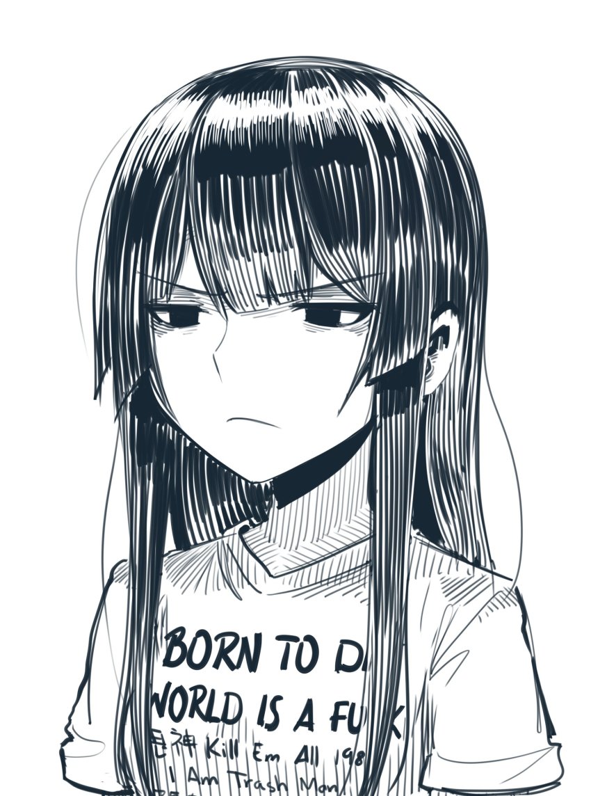 1girl blunt_bangs boa_(brianoa) born_to_die_world_is_a_fuck_(meme) closed_mouth clothes_writing english_text engrish_text female_focus furrowed_brow greyscale highres long_hair meme monochrome original ranguage shirt short_sleeves simple_background solo white_background